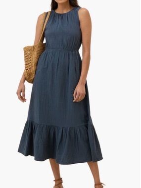 Pact Organic Cotton Coastal Double Gauze Tiered Midi Dress French Navy Blue M